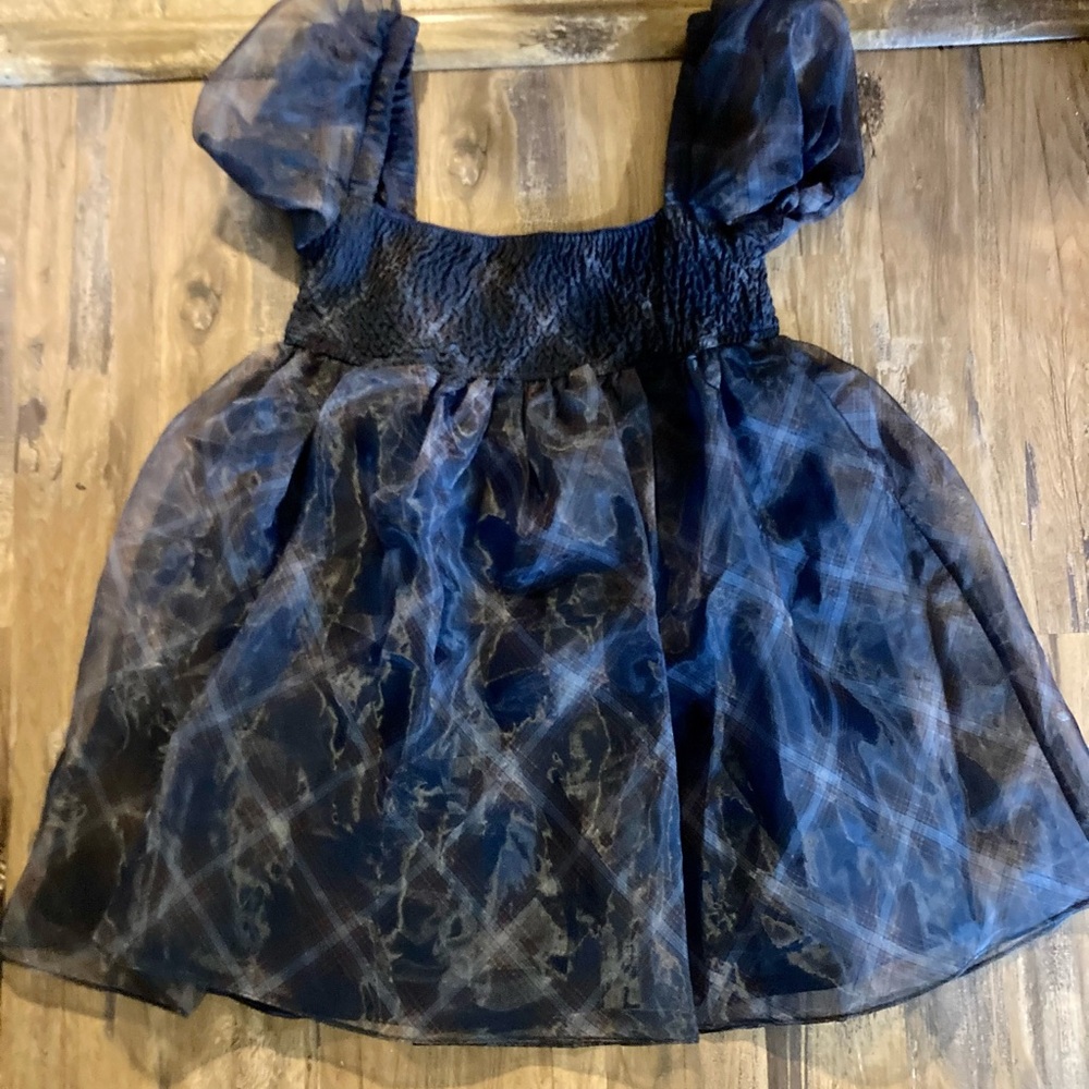 🆕 NWT WeWoreWhat Navy Sheer Puff-Sleeve Organza Smocked Baby Doll Mini Dress - Picture 13 of 15